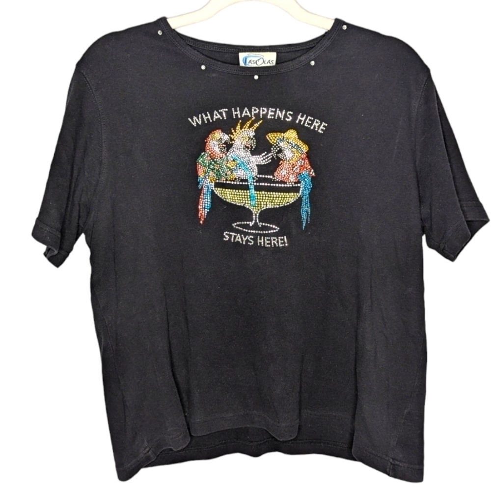 Las Olas Vintage Parrot Cocktail Vacation funny shirt sequins sparkly size large